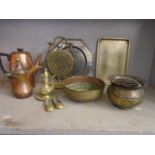 Middle Eastern teapots ,trays, bowls, a gong and other brass