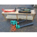 Bosch leaf blower, flymo strimmer, greenhouse bench and box of garden tools including axe, shears