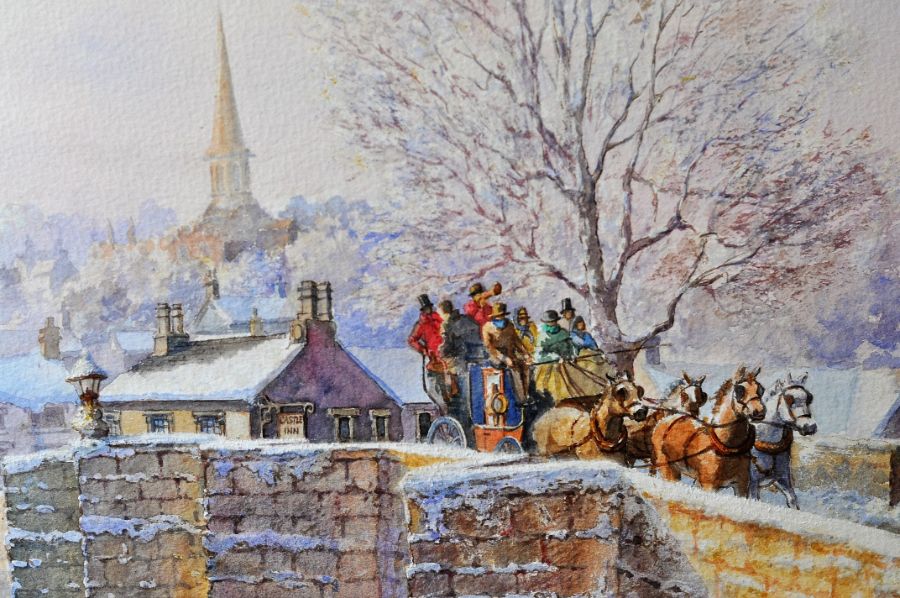 L Feather watercolour winter scene of carriage over Chesterfield bridge - Image 4 of 6