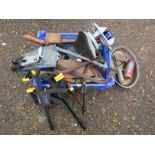 Box of tools including clamps, vice, saws, oil can and grease gun etc