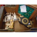 A box of sundry items- china ornaments, a treen brass banded mini chest and a box framed golfing