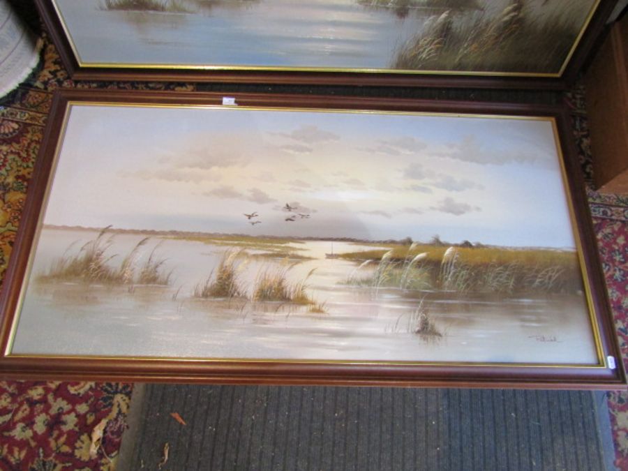 Patrick, Oil on canvas landscape pictures depicting ducks flighting in a marsh scene both framed - Image 2 of 5