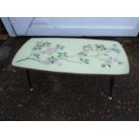 Retro glass topped coffee table with floral detail H40cm W91cm D45cm approx