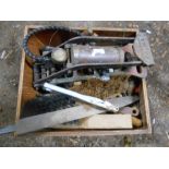 Box of tools including files, mitre saw and foot pump etc