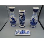 Delft hand painted blue and white pair of vases, a single vase and a trinket tray