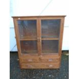 Vintage pine wall mounted display cabinet with 2 glass doors and 3 drawers H101cm W84cm D28cm