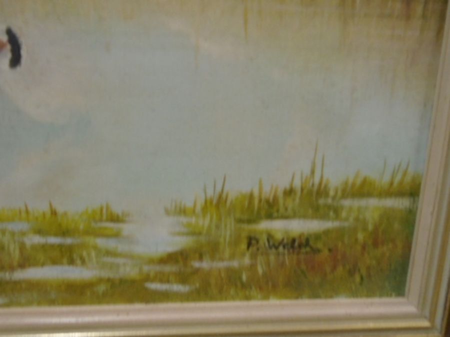 P. Welch (c20th east anglian wildlife artist) oil on board depicting marsh harriers flying over - Image 2 of 2