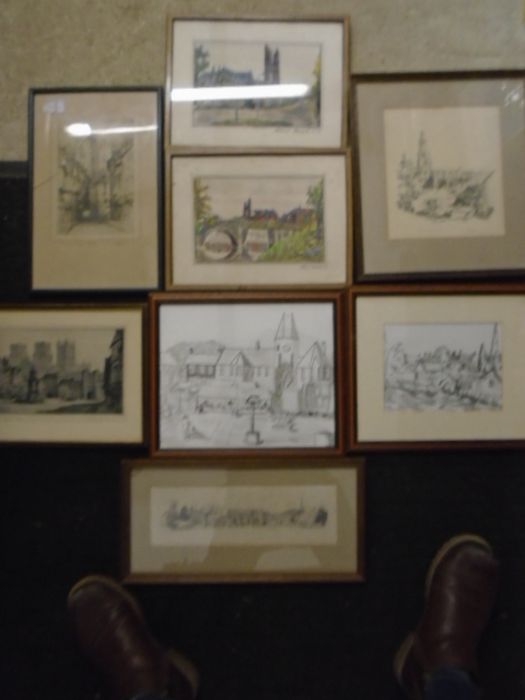 Various framed sketches, watercolours and prints of various churches and cathederals