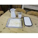 2 enamel jugs, tray and oven dish with lid