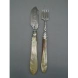 Silver pickle fork and butter knife with mother of pearl handles