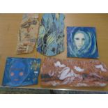 5 plaques made in crank clay depicting various abstract images made by a local artist