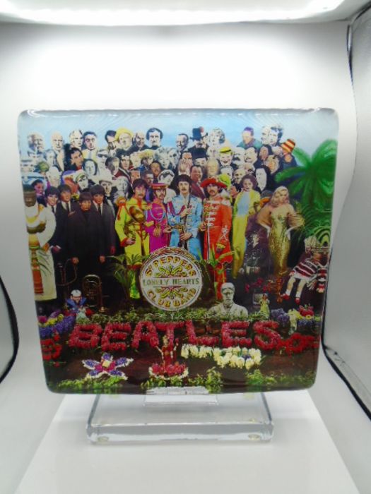 The Beatles Sgt Peppers Lonely Hearts Club Band album cover glass standing plaque, limited edition