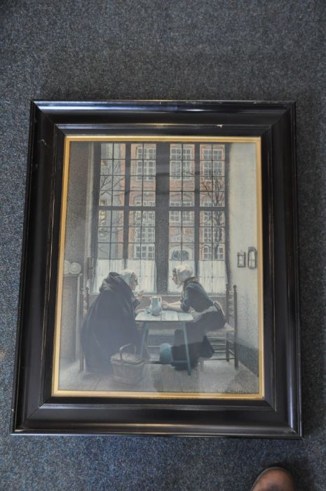 After Claus Meyer, Conversation by a window, 70cm x 50cm in ebonized framed and glazed - Image 2 of 2