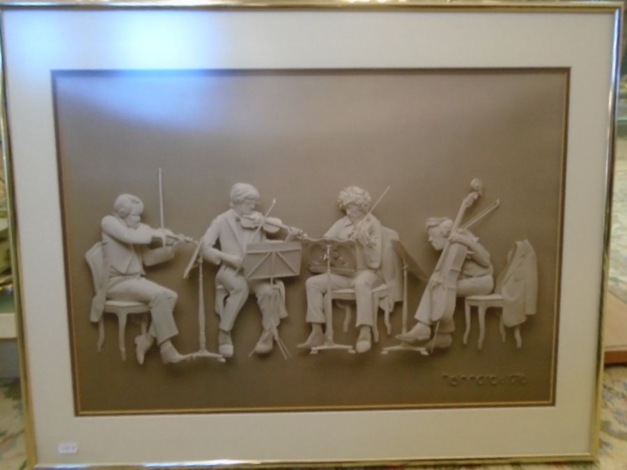 Reinard c1976 print of musicians 31x24" and a print depicting a boat race 37x26"