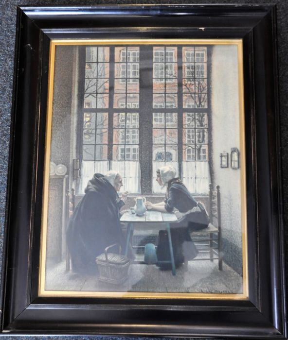After Claus Meyer, Conversation by a window, 70cm x 50cm in ebonized framed and glazed
