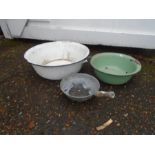 2 enamel wash bowls and galvanised pan
