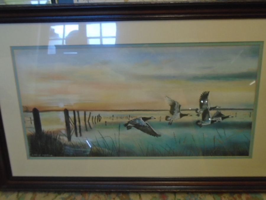 Lindis Maria signed painting of geese flying over water. 38x24"