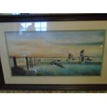 Lindis Maria signed painting of geese flying over water. 38x24"