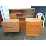 mid-century display cabinet and 2 chests of drawers