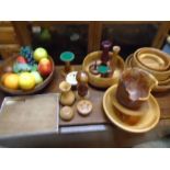 Treen collection- an assortment of bowls, pots, fruit (some plastic fruit) a cheese board etc