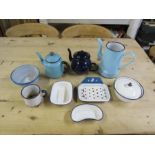 Quantity of enamel items including 2 tea pots, jug and soap dish etc