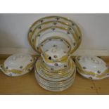 Vintage part dinner service, fruit pattern with yellow and blue border, only slight markings.