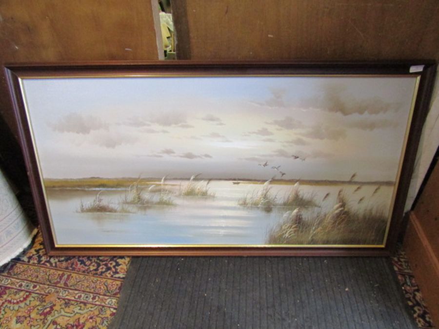 Patrick, Oil on canvas landscape pictures depicting ducks flighting in a marsh scene both framed