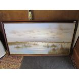 Patrick, Oil on canvas landscape pictures depicting ducks flighting in a marsh scene both framed