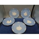 5 Wedgwood blue and white Jasperware Christmas plates 1986-1990 depicting Canterbury Cathedral, York