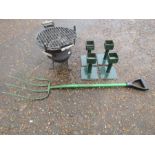 Cast iron BBQ, mucking fork and LVD table raisers