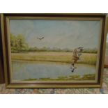 P. Welch (c20th east anglian wildlife artist) oil on board depicting marsh harriers flying over