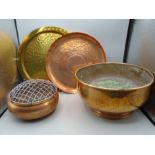 A hammered copper bowl, 2 trays and a rose bowl