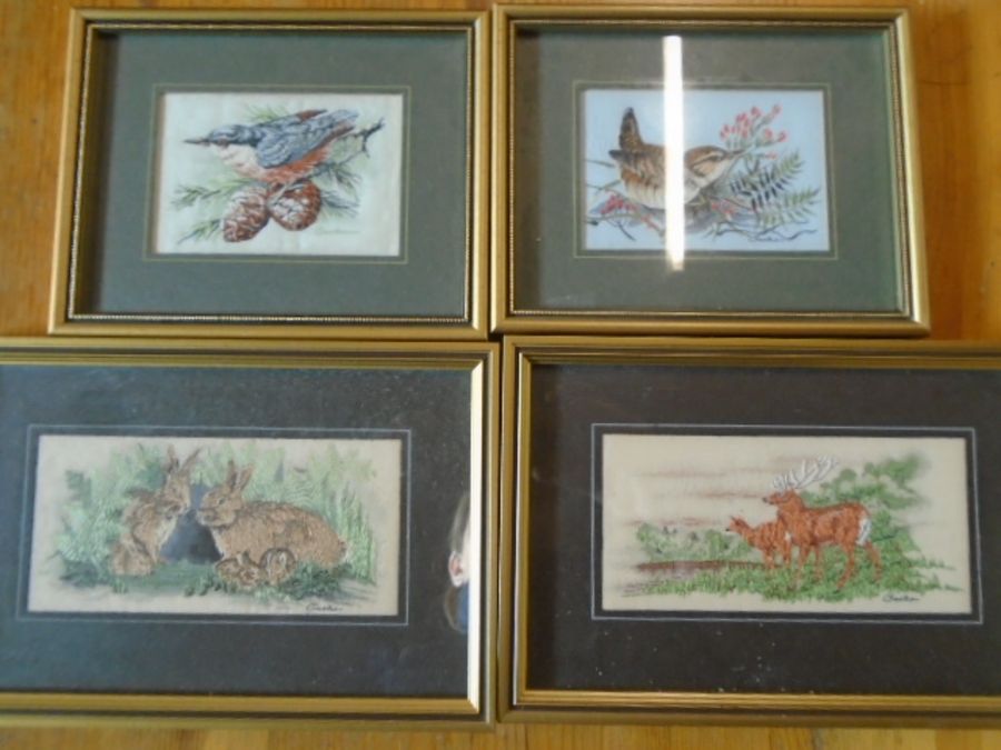4 small embroidery pictures of woodland animals