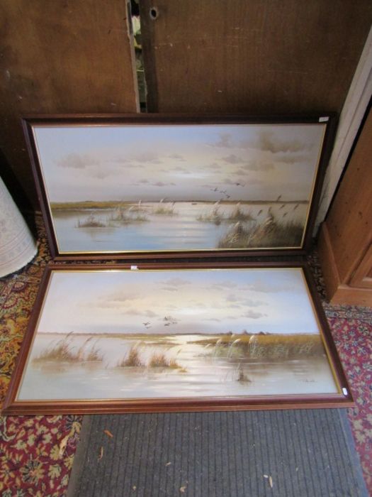 Patrick, Oil on canvas landscape pictures depicting ducks flighting in a marsh scene both framed - Image 3 of 5