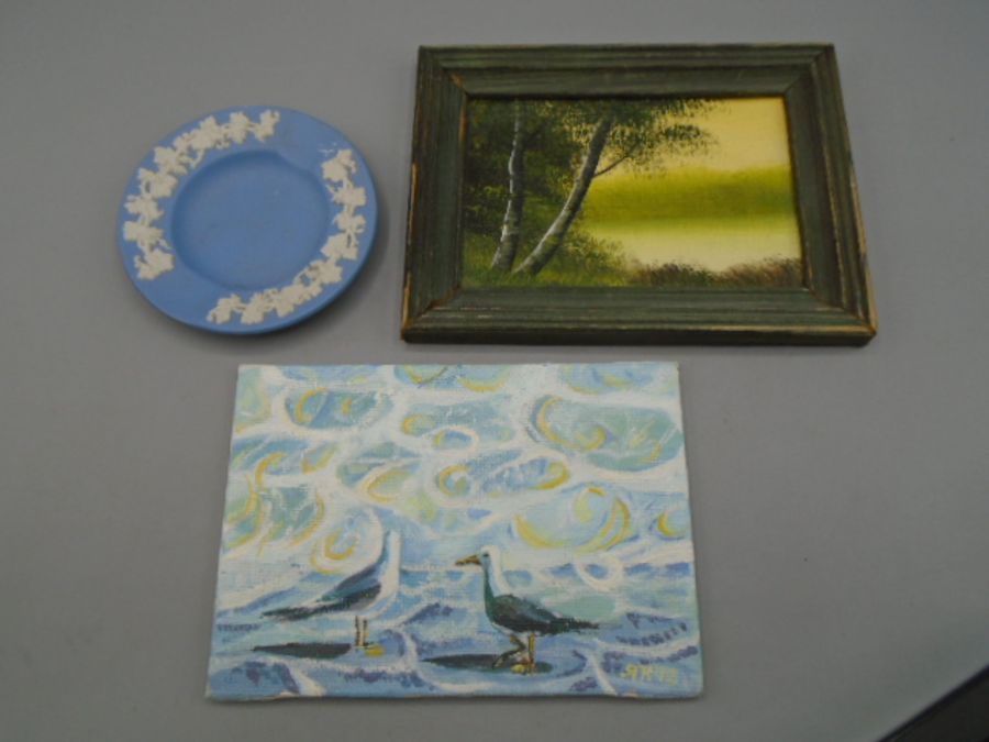 Russin oil painting of seagulls- written on reverse, an oil painting of trees both are 5x6" approx