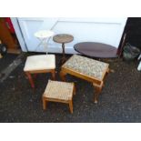 3 wooden stools to be re-upholstered, metal side table and 2 wooden side tables