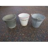 2 galvanised buckets,1 enamel bucket, small metal watering can and a terracotta pot