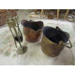 2 coal scuttles, one brass one copper and brass companion set