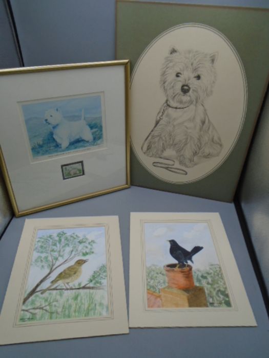 West Highland terrier print and picture with 2 bird paintings