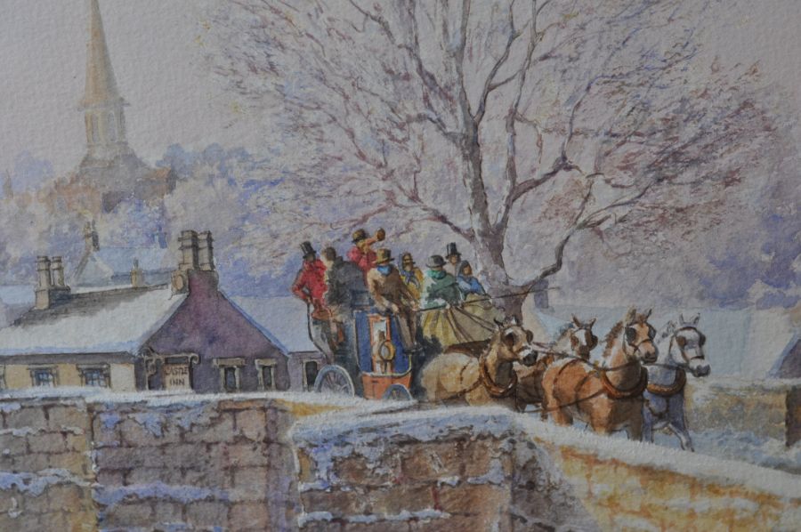 L Feather watercolour winter scene of carriage over Chesterfield bridge - Image 3 of 6