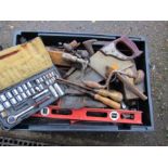 Box of hand tools including saws, planes, sockets etc