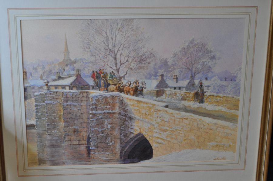 L Feather watercolour winter scene of carriage over Chesterfield bridge