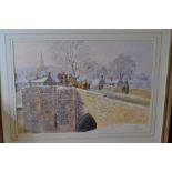 L Feather watercolour winter scene of carriage over Chesterfield bridge