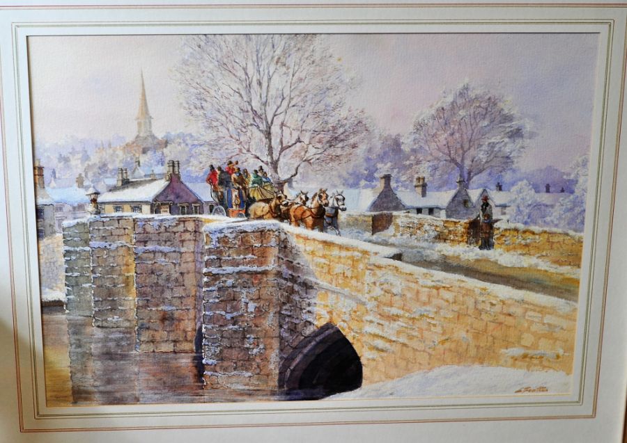 L Feather watercolour winter scene of carriage over Chesterfield bridge - Image 2 of 6