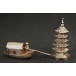 Small Asian silver boat & boatman form salt