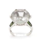 Green quartz and green diamond set white gold ring