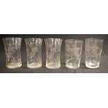 Five kookaburra etched glass tumblers