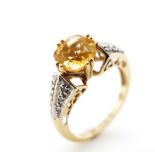 Citrine and diamond set yellow gold ring
