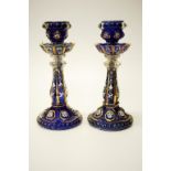 Pair of hand painted blue & clear glass lamp bases