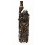 Large Chinese carved inlaid hardwood figural lamp